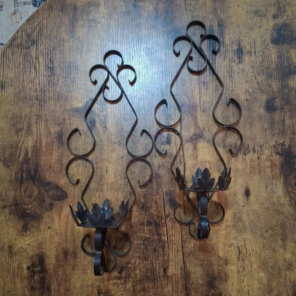 Vtg Gothic Wrought Iron Scroll Spanish Revival Wall Sconce Candleholders x2 READ